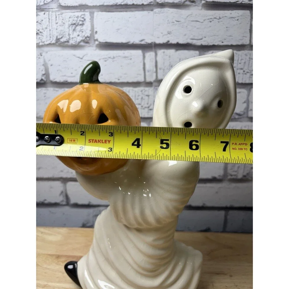 Vintage Ceramic Halloween Ghost Holding Pumpkin Jack-o-lantern 12” Spooky Decor